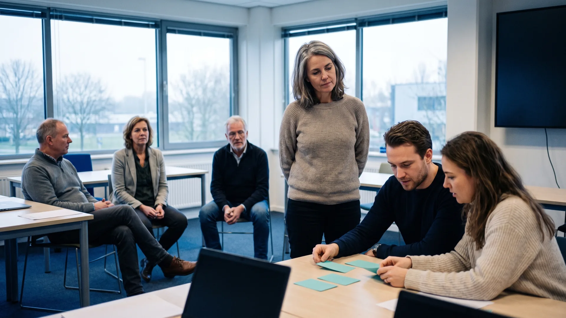 Een kleine groep professionals werkt actief samen tijdens een interactieve workshop.