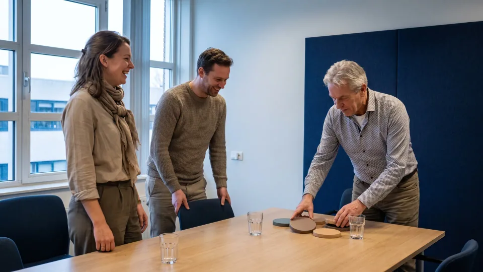 Een divers team overlegt informeel rond een tafel in een lichte werkomgeving.